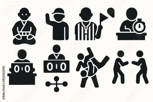 Martial arts tournament icons set: black silhouette sports symbols