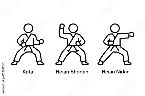 Minimalist line art karate poses with various kata positions