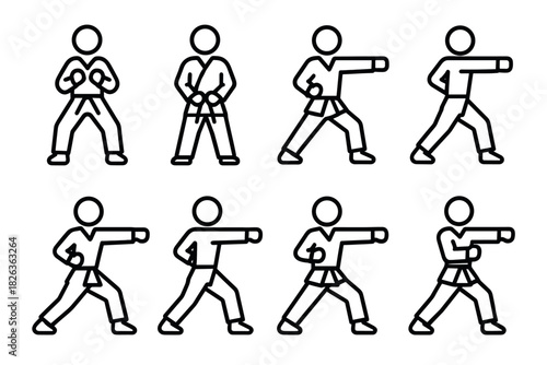 Karate training poses in simple line art style for martial arts enthusiasts
