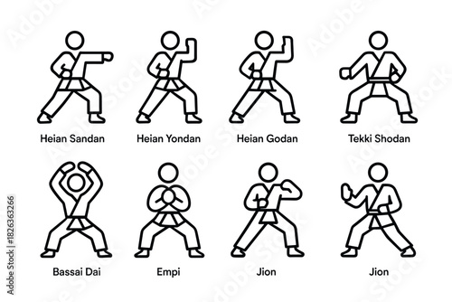 Minimalist karate poses outline in linear style for martial arts enthusiasts