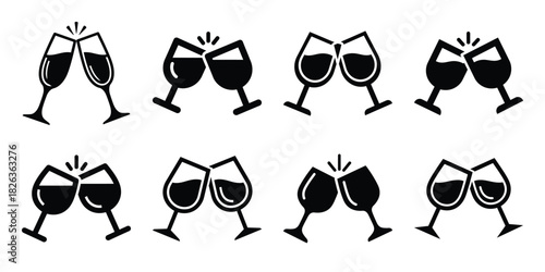 Illustration of the new year champagne toast silhouette vector icon set. happy New Year 2026 vector icons