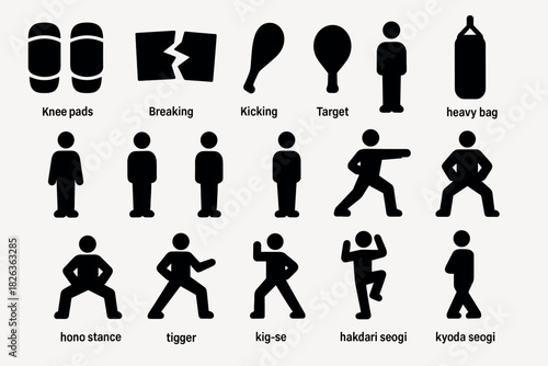 Karate training silhouettes collection with stances and gear icons