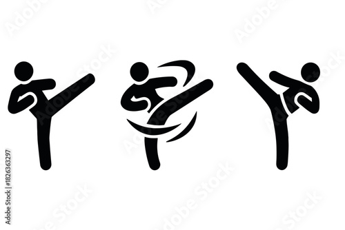 Silhouette stick figures performing martial arts kicks in dynamic poses
