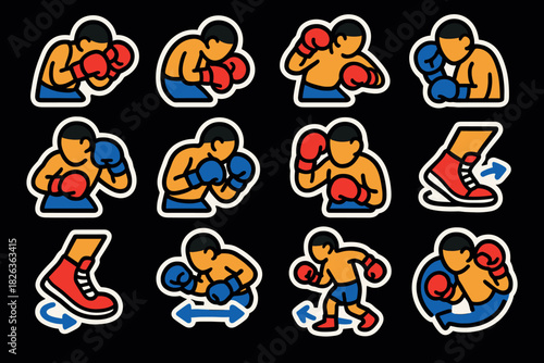 Colorful line art of boxing techniques featuring fighters and movement