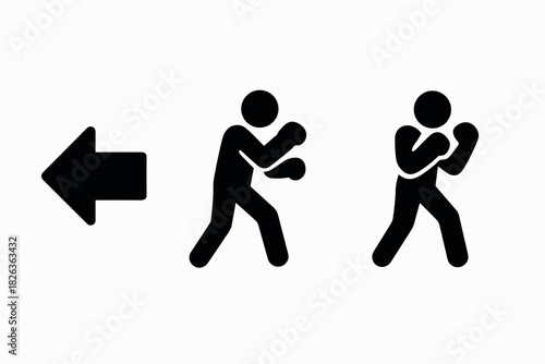 Boxing icon set with arrow and walking figures in silhouette style