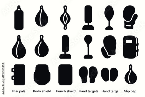 Variety of training equipment: boxing and martial arts gear in silhouette style