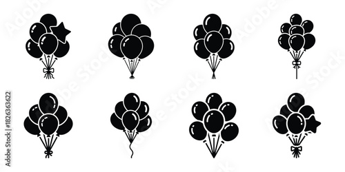Illustration of the new year festive balloon bundle silhouette vector icon set. happy New Year 2026 vector icons