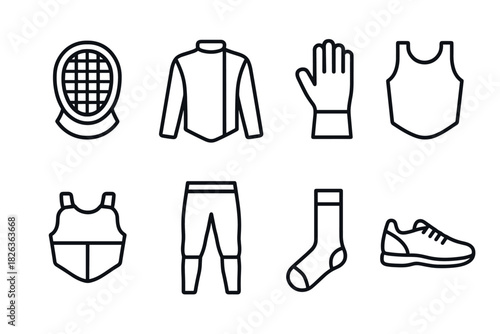 Outline icons of fencing and sportswear: apparel and equipment collection