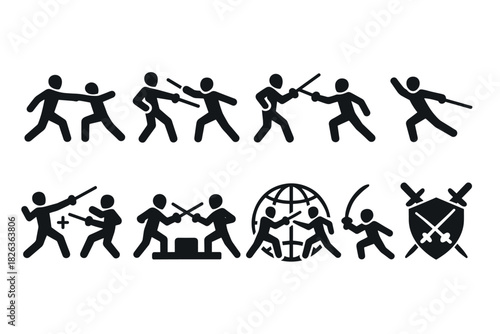 Martial arts combat icons: stick figures in dynamic swordfight movements with global symbolism