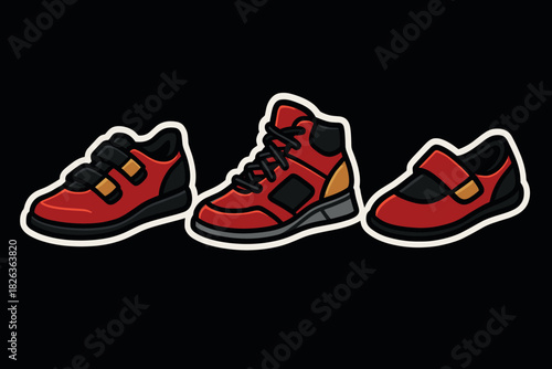 Red sneakers and shoes collection on black background with cartoon style design