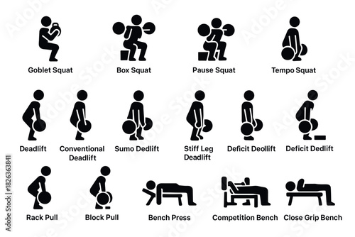 Weightlifting exercises icons: squats, deadlifts, and bench press silhouettes