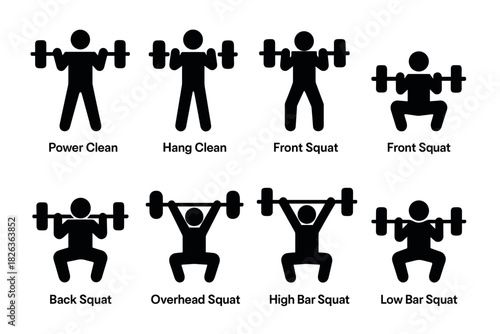 Silhouette icons of weightlifting exercises with barbells for fitness training