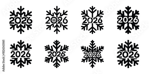 Illustration of the new year festive snowflake 2026 silhouette vector icon set. happy New Year 2026 vector icons