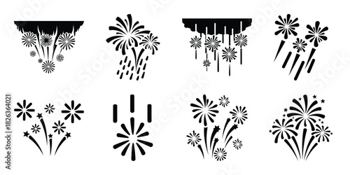 Illustration of the new year fireworks rain silhouette vector icon set. happy New Year 2026 vector icons
