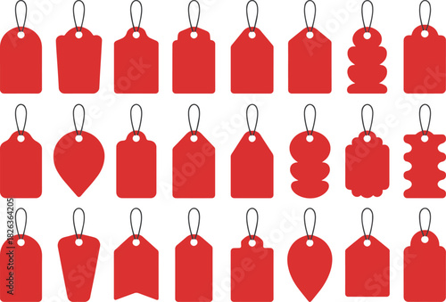 Collection of twentyone red blank price tag and label shapes isolated on