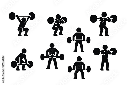 Silhouette set of weightlifting figures in various poses