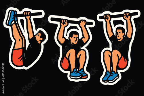 Sticker style fitness workout illustrations of pull-up variations