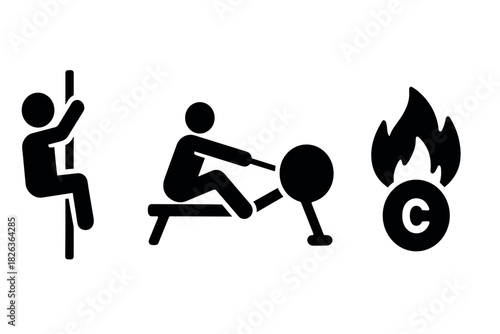 Fitness icons set: climbing, rowing, and calorie burning symbols