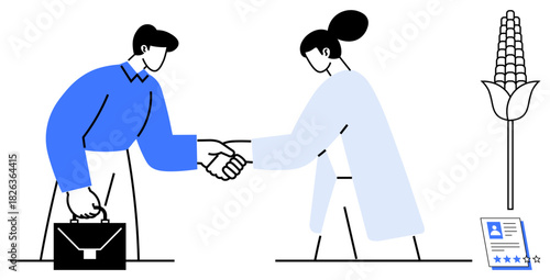 Businessman with briefcase shaking hands with scientist in lab coat, corn plant, and resume with stars. Ideal for collaboration, career, science, agriculture, recruitment, partnerships simple flat