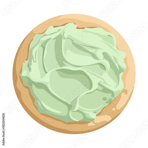 Top-down view vector illustration of a round cracker or biscuit topped with a generous swirl of green cream, likely matcha or pistachio frosting. This isolated food element is suitable for bakery logo