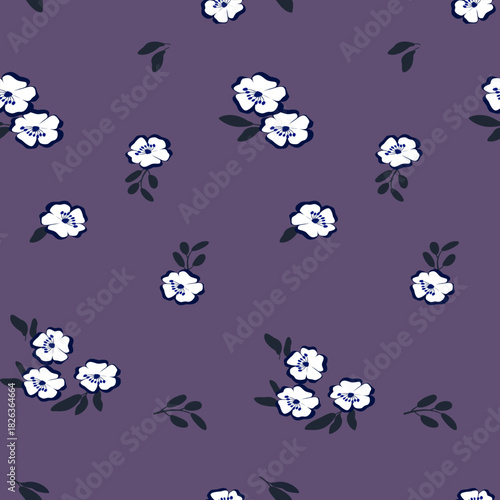 A seamless floral pattern vector illustration featuring small white flowers and dark leaves scattered on a purple background. This cute and botanical design is perfect for textile prints.