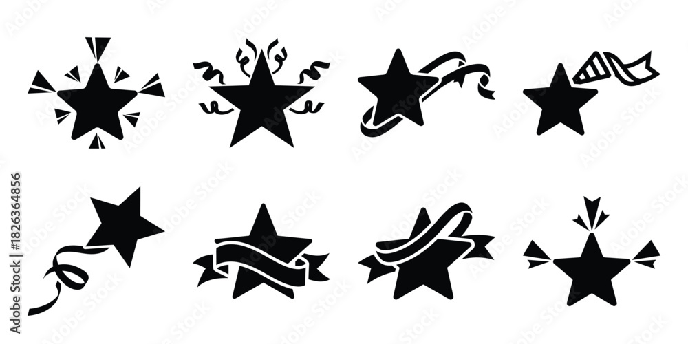 Fototapeta premium Illustration of the new year party ribbon star silhouette vector icon set. happy New Year 2026 vector icons