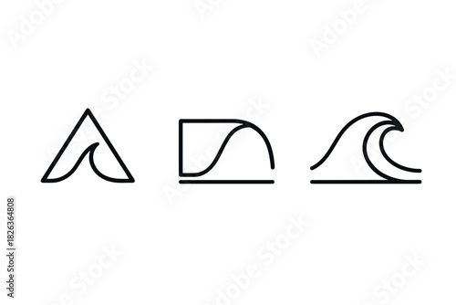 Minimalist wave icons: modern linear sea and surf symbols