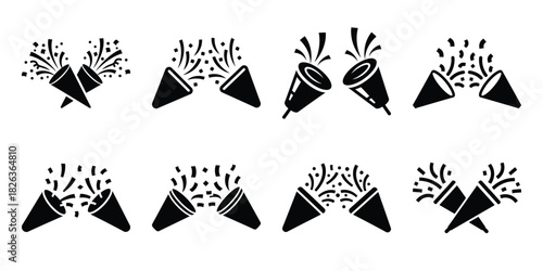 Illustration of the new year party poppers silhouette vector icon set. happy New Year 2026 vector icons