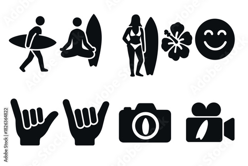 Beach and surf icon set with surfer, camera, and tropical elements in black silhouette style