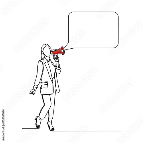 Continuous line sketch drawing of woman holding megaphone speaker with bubble chat. Single line art of sound tool equipment editable stroke vector illustration