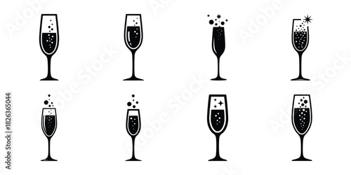 Illustration of the new year sparkling champagne glass silhouette vector icon set. happy New Year 2026 vector icons