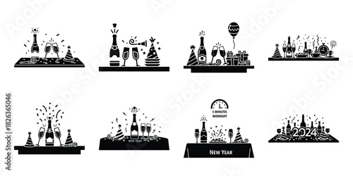 Illustration of the new year party silhouette vector icon set. happy New Year 2026 vector icons