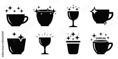 Illustration of the new year sparkling cup silhouette vector icon set. happy New Year 2026 vector icons