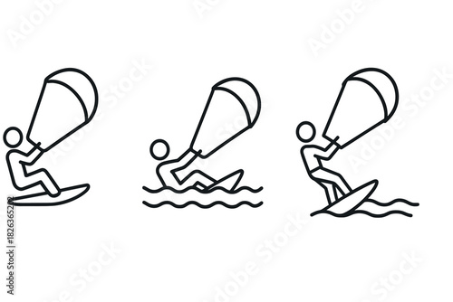 Minimalist line art of kiteboarding styles and techniques in action