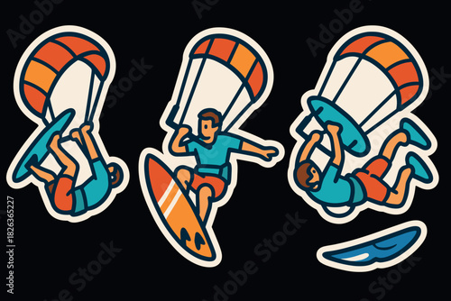 Dynamic kite surfing stickers with bold colors and energetic movement