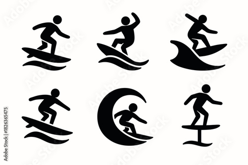 Silhouette surfer icons: dynamic wave riding pictograms for water sport designs