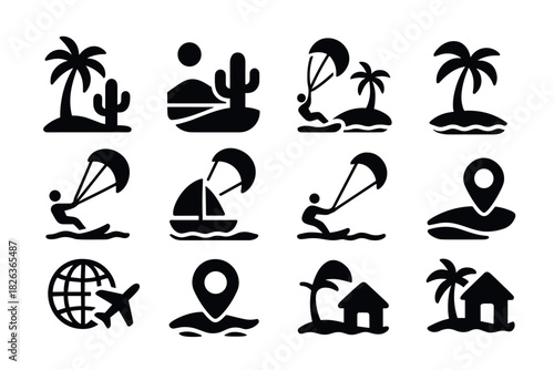 Adventure icons set: travel, kite surfing, and tropical vacation symbols