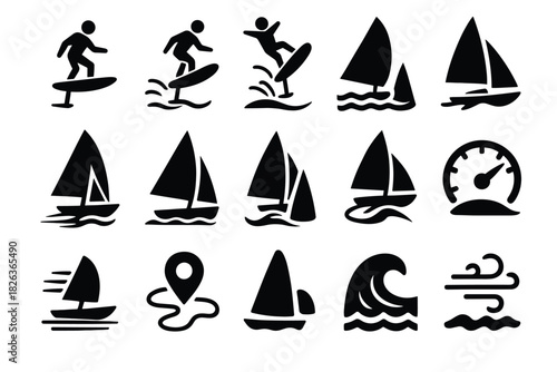 Surfing and sailing silhouette icons: water sports adventure set