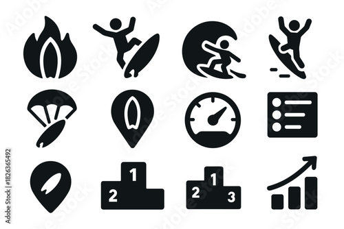 Set of black adventure and sport icons in flat style for dynamic visuals