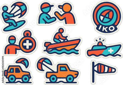 Colorful adventure sports and rescue icons with nautical theme in flat design