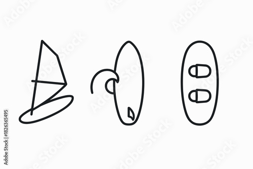 Minimalist windsurfing, surfboard, and kiteboard linear icons for water sports enthusiasts
