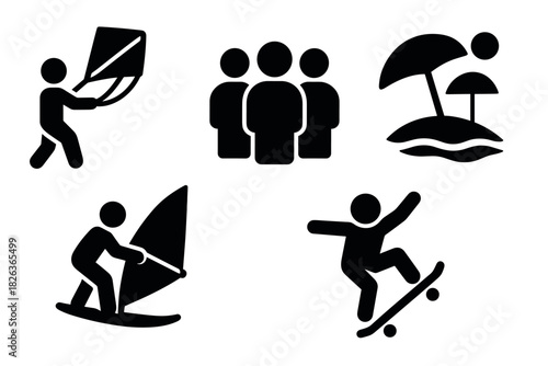 Set of black silhouette icons: kiteboarding, group, island, windsurfing, skateboarding
