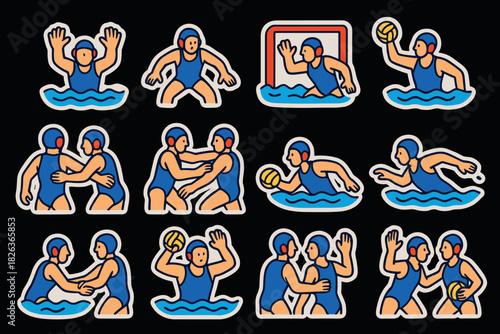 Dynamic water polo icons: athletes, actions, and goals in bold outline style