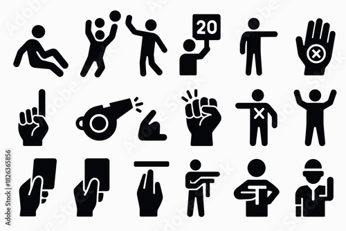 Silhouette icons of sports referee gestures and signals for quick identification