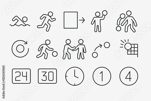 Linear sports icons: swimming, running, handball, and game symbols