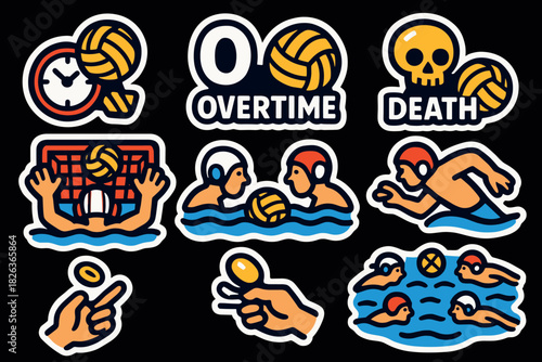 Bold and playful water polo themed sticker designs with humorous elements