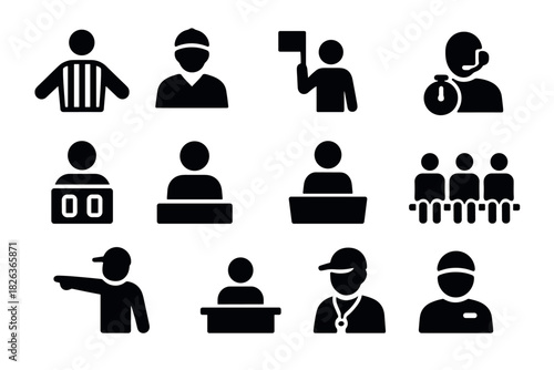 Sports official icons: silhouette style featuring referee, coach, and more