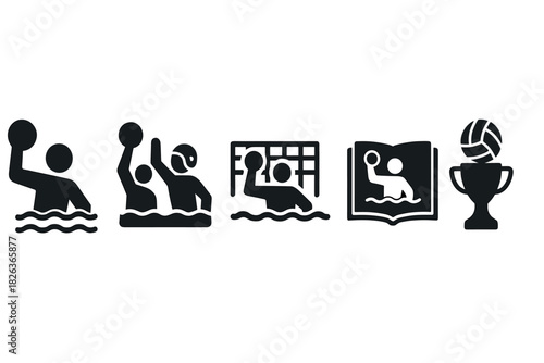 Water polo icons: set of minimalist black symbols for sport and competition