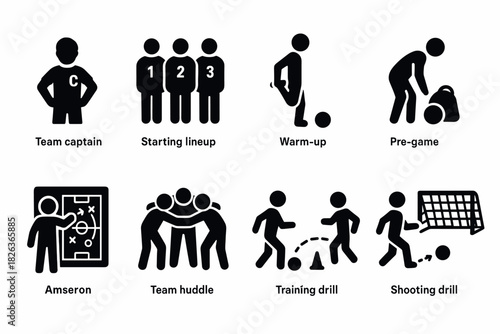 Soccer training and team preparation icons in simple black silhouette style