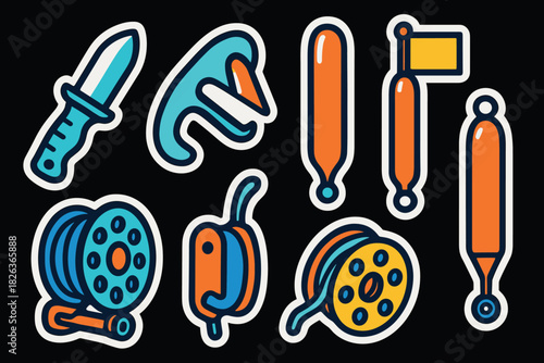 Colorful fishing gear sticker set with knife and hooks on black background
